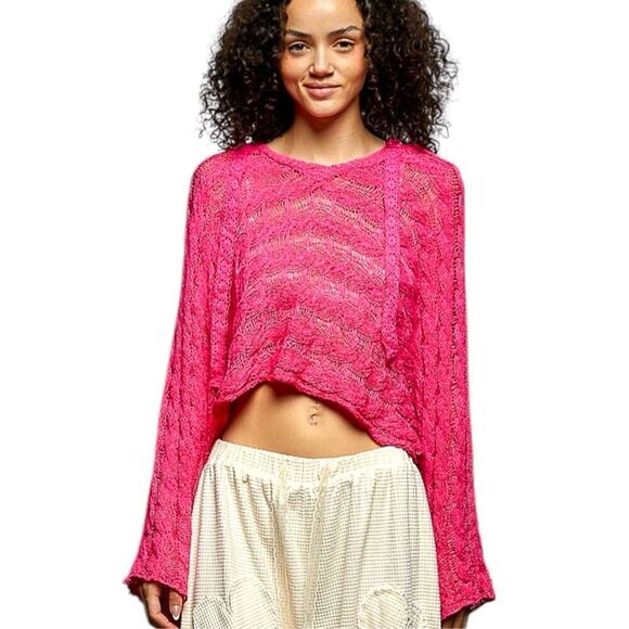 POL Sweaters - POL Hot Pink Open Knit Cropped Hoodie Sweater Boho Lace Long Sleeve Top NEW